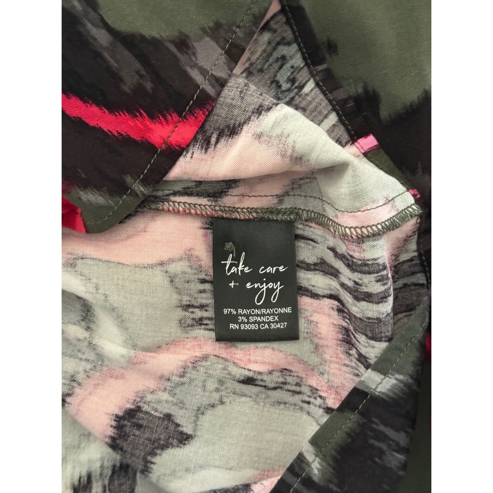 NIC+ZOE Womens Abstract Print Button Down Blouse Pink Olive Green Size Large - Picture 9 of 10